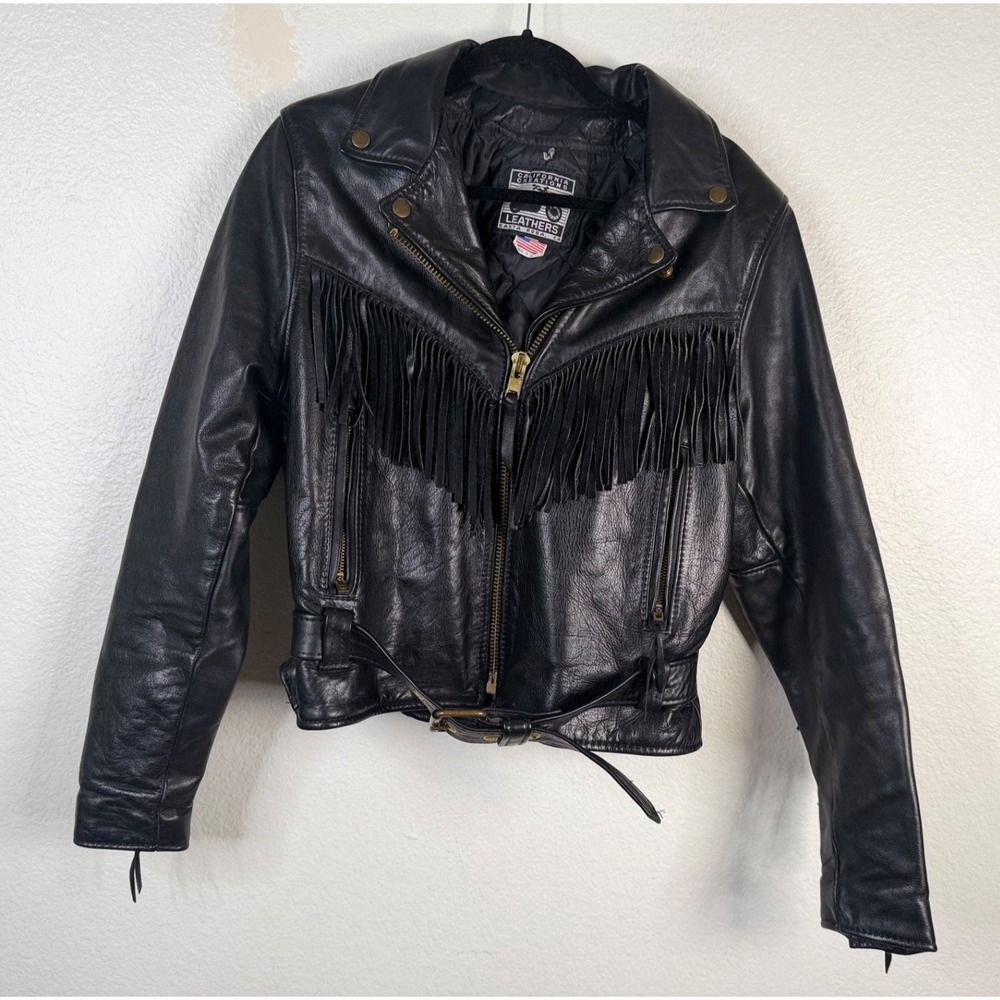 Vtg California Creations Women's Fringe Heavy Leather Biker Jacket Black Sz 14